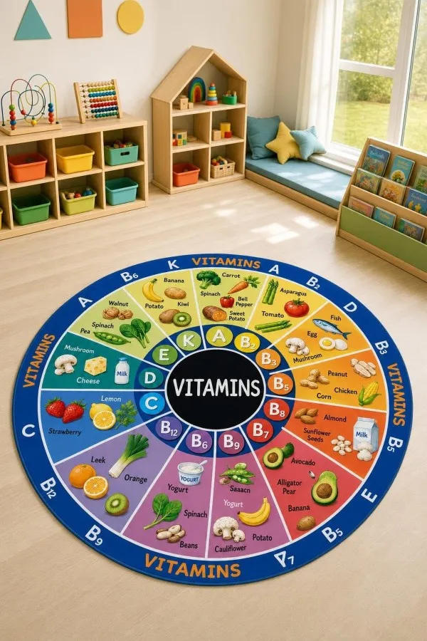 Merkezinde vıtamıns yazısı, vitamin harfleri ve besin çizimleri bulunan mavi yuvarlak çocuk odası halısı