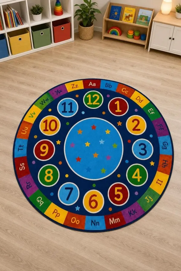 Lacivert zeminli çocuk odası halısı üzerinde rakamlar alfabe harfleri yıldızlar ve renkli noktalar yer alır