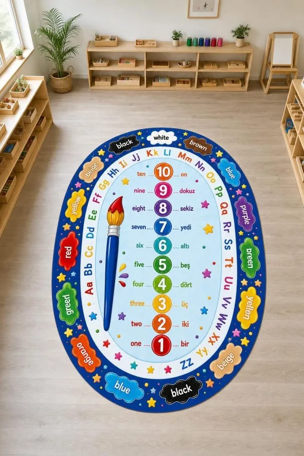 Çocuk Odası Halısı Sayı Ve Harf Desenli Oval Tasarım Çocuk odasında lacivert kenarlı, rakam, harf ve renk adı motifli oval çocuk odası halısı