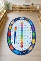 Çocuk Odası Halısı Sayı Ve Harf Desenli Oval Tasarım Çocuk odasında lacivert kenarlı, rakam, harf ve renk adı motifli oval çocuk odası halısı