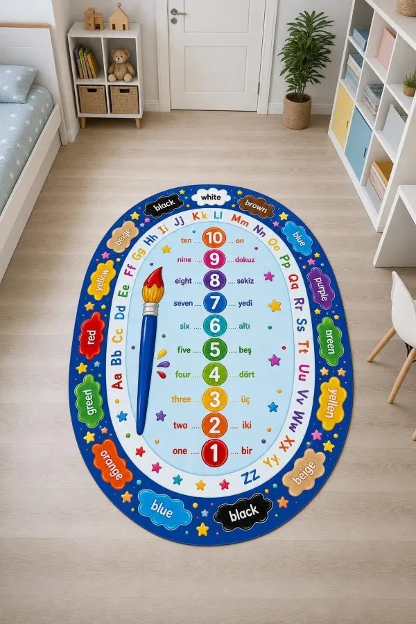 Çocuk Odası Halısı Sayı Ve Harf Desenli Oval Tasarım Çocuk odasında lacivert kenarlı, rakam, harf ve renk adı motifli oval çocuk odası halısı