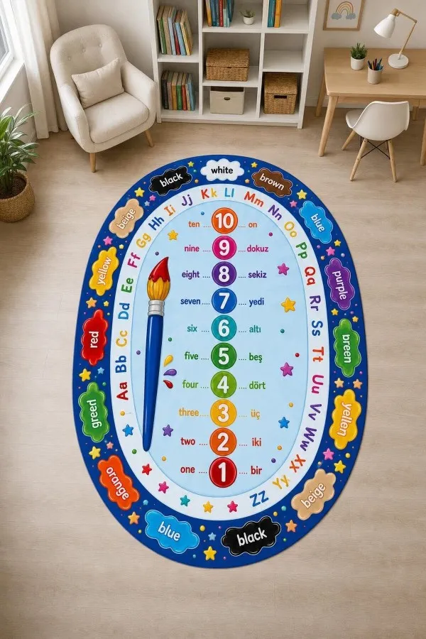 Çocuk Odası Halısı Sayı Ve Harf Desenli Oval Tasarım Çocuk odasında lacivert kenarlı, rakam, harf ve renk adı motifli oval çocuk odası halısı