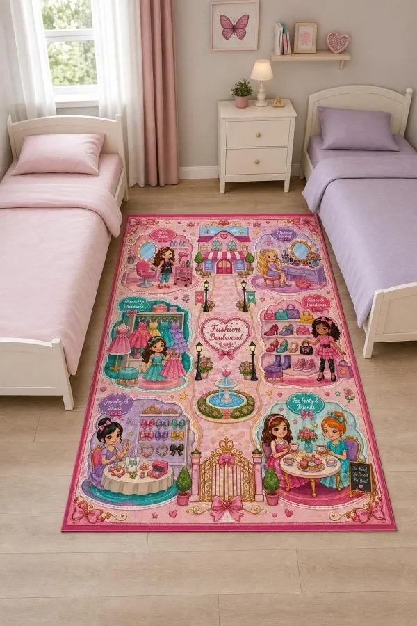 Prenses Temalı Fashion Boulevard Desenli Pembe Çocuk Odası Halısı Pembe çocuk odası halısı üzerinde prenses karakterleri, fashion boulevard yazısı, butik ve moda sahneleri
