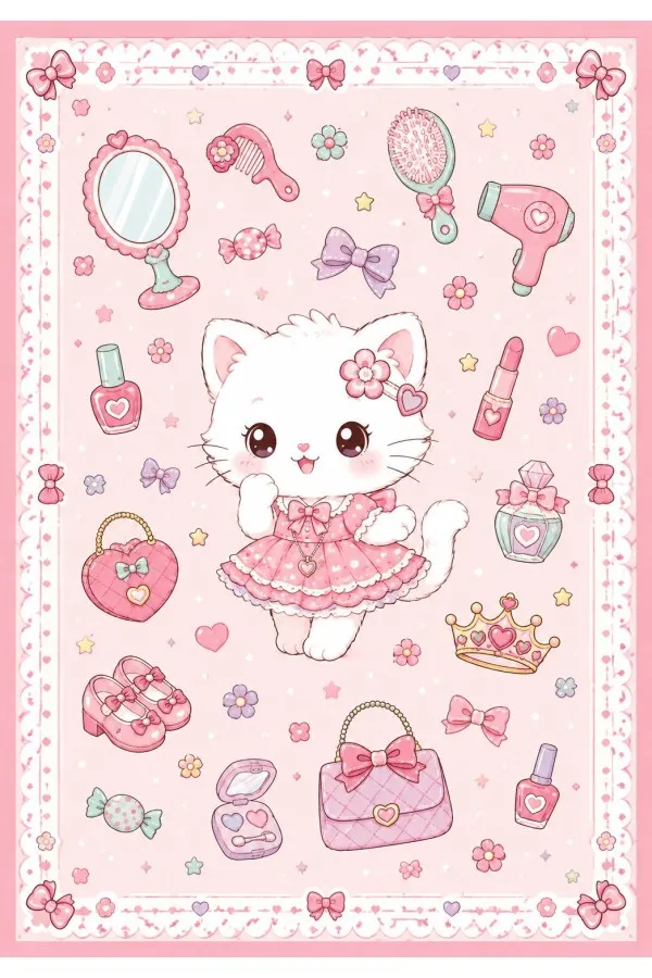 Pembe çocuk odası halısı üzerinde elbiseli kedi, fiyonk, kalp, çanta ve taç motifleri yer alır