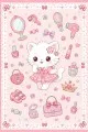 Pembe çocuk odası halısı üzerinde elbiseli kedi, fiyonk, kalp, çanta ve taç motifleri yer alır