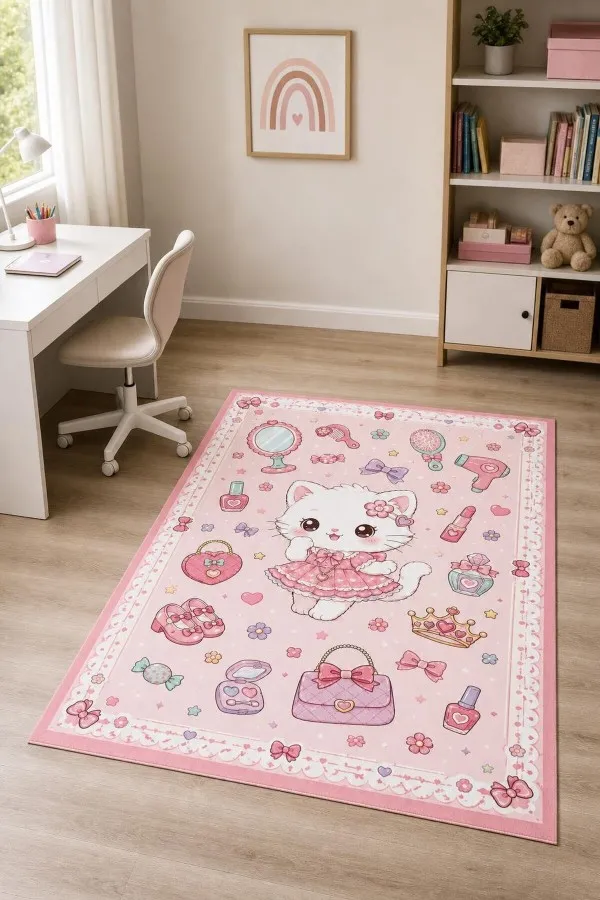 Pembe çocuk odası halısı üzerinde elbiseli kedi, fiyonk, kalp, çanta ve taç motifleri yer alır