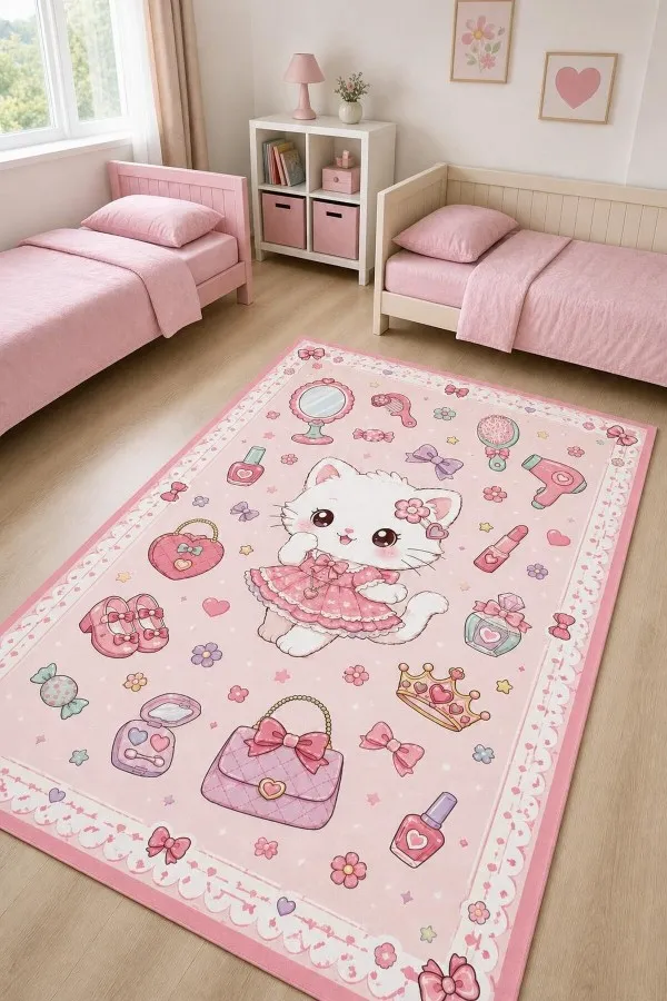 Pembe çocuk odası halısı üzerinde elbiseli kedi, fiyonk, kalp, çanta ve taç motifleri yer alır