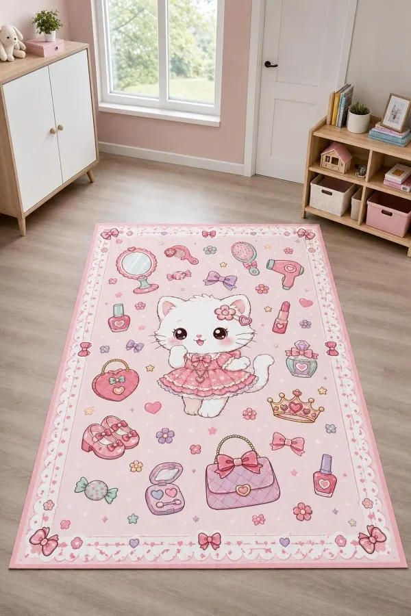 Pembe çocuk odası halısı üzerinde elbiseli kedi, fiyonk, kalp, çanta ve taç motifleri yer alır