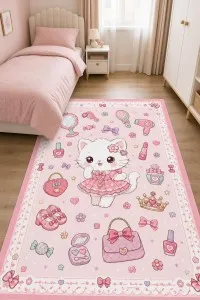 Pembe Kedi Temalı Dijital Baskılı Çocuk Halısı VH305