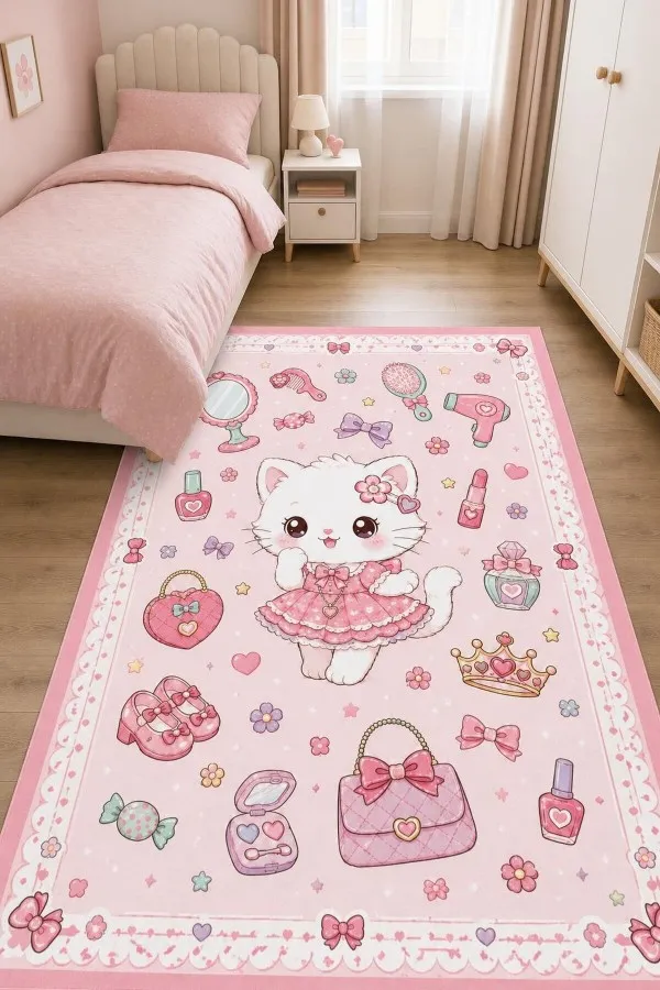 Pembe çocuk odası halısı üzerinde elbiseli kedi, fiyonk, kalp, çanta ve taç motifleri yer alır