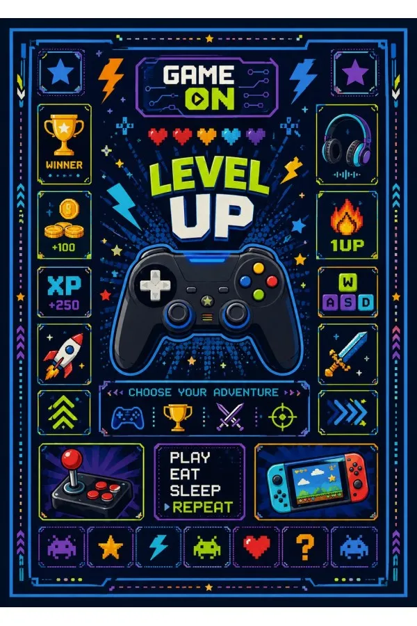 Lacivert oyun halısında merkezde kumanda ve level up yazısı, çevresinde joystick ile piksel oyun ikonları bulunur
