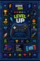Lacivert oyun halısında merkezde kumanda ve level up yazısı, çevresinde joystick ile piksel oyun ikonları bulunur