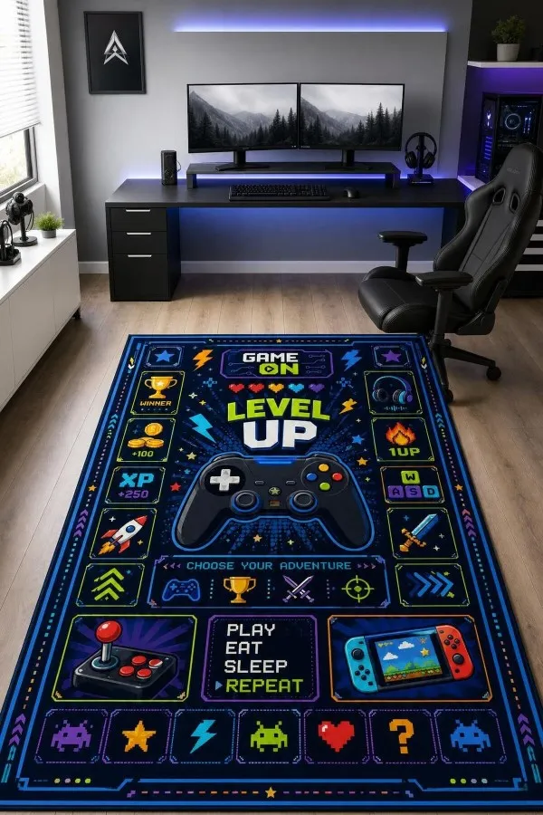 Lacivert oyun halısında merkezde kumanda ve level up yazısı, çevresinde joystick ile piksel oyun ikonları bulunur