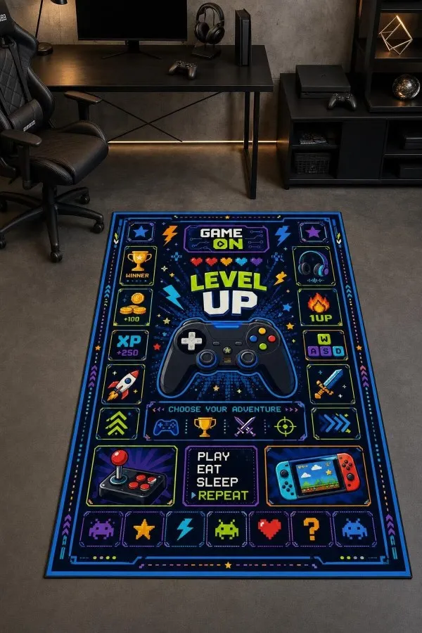 Lacivert oyun halısında merkezde kumanda ve level up yazısı, çevresinde joystick ile piksel oyun ikonları bulunur