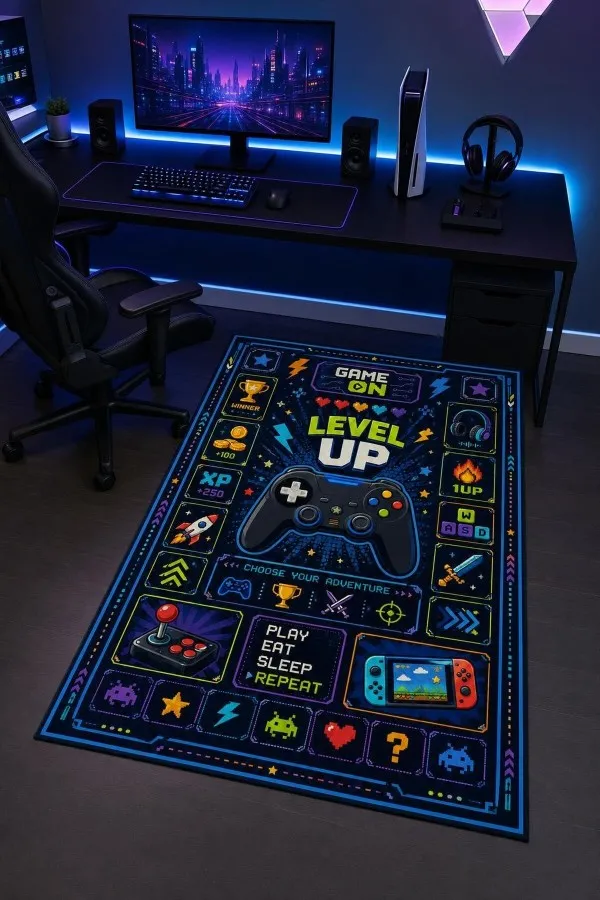 Lacivert oyun halısında merkezde kumanda ve level up yazısı, çevresinde joystick ile piksel oyun ikonları bulunur