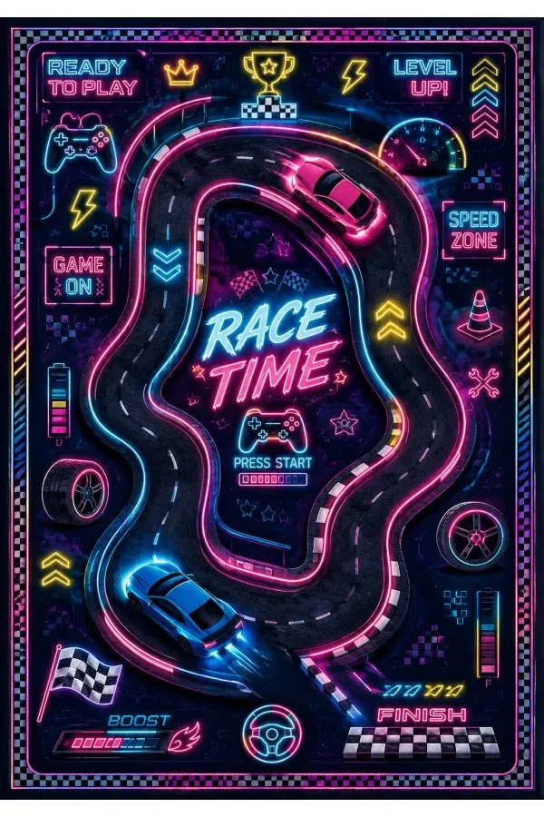Siyah Yarış Pisti Ve Race Tıme Yazılı Dijital Baskılı Oyuncu Halısı Siyah oyuncu halısı üzerinde kıvrımlı yarış pisti, spor otomobiller, damalı bayraklar ve race tıme yazısı yer alır