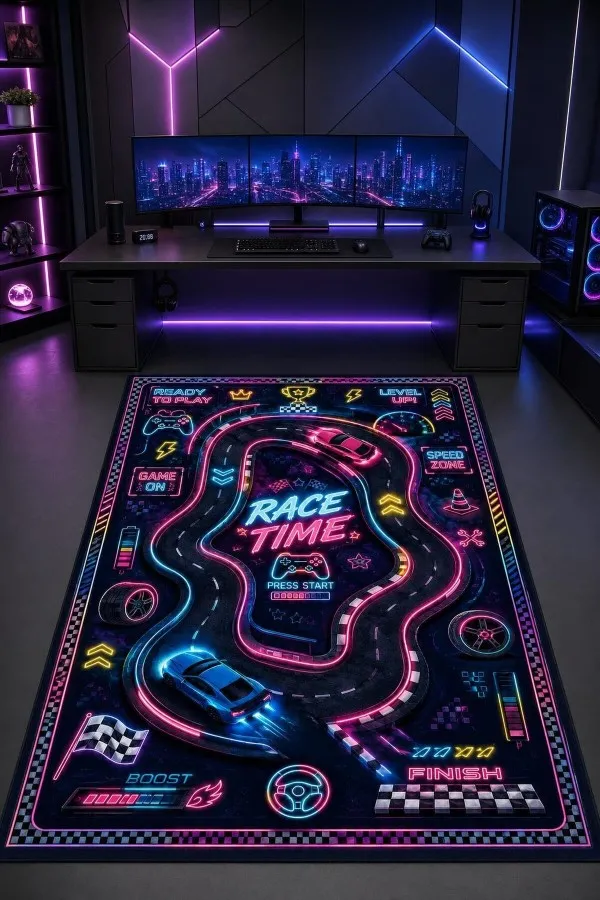 Siyah Yarış Pisti Ve Race Tıme Yazılı Dijital Baskılı Oyuncu Halısı Siyah oyuncu halısı üzerinde kıvrımlı yarış pisti, spor otomobiller, damalı bayraklar ve race tıme yazısı yer alır