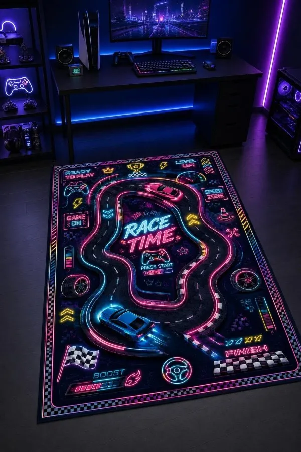 Siyah Yarış Pisti Ve Race Tıme Yazılı Dijital Baskılı Oyuncu Halısı Siyah oyuncu halısı üzerinde kıvrımlı yarış pisti, spor otomobiller, damalı bayraklar ve race tıme yazısı yer alır