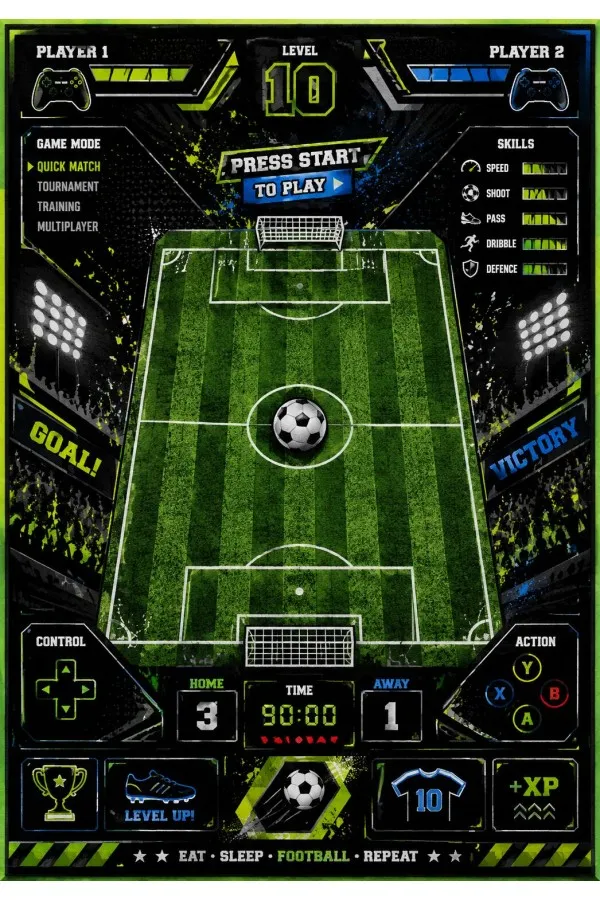 Çok renkli oyun halısı üzerinde futbol sahası, top, kale, skor paneli ve oyun kolu simgeleri yer alır