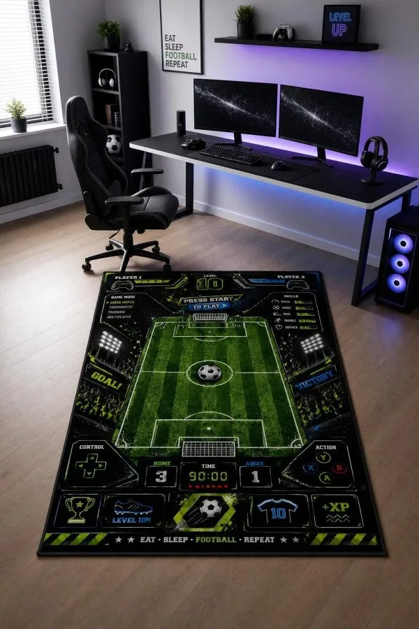 Çok renkli oyun halısı üzerinde futbol sahası, top, kale, skor paneli ve oyun kolu simgeleri yer alır