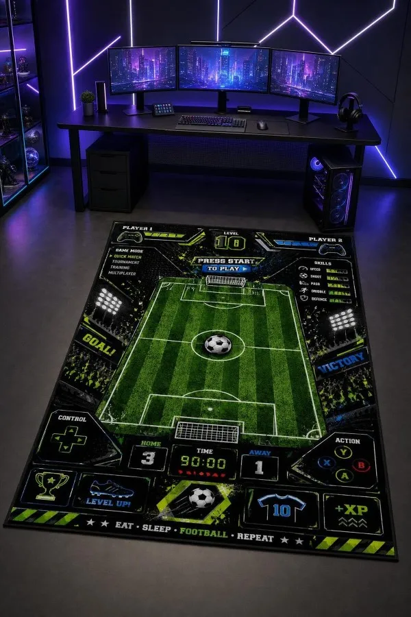 Çok renkli oyun halısı üzerinde futbol sahası, top, kale, skor paneli ve oyun kolu simgeleri yer alır