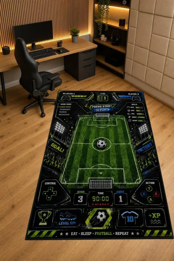 Çok renkli oyun halısı üzerinde futbol sahası, top, kale, skor paneli ve oyun kolu simgeleri yer alır
