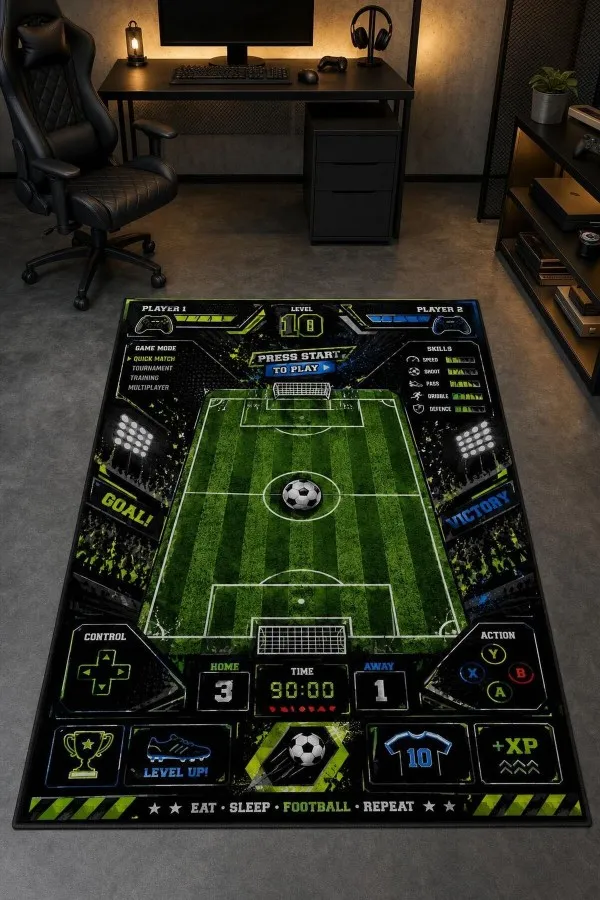 Çok renkli oyun halısı üzerinde futbol sahası, top, kale, skor paneli ve oyun kolu simgeleri yer alır
