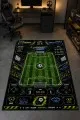 Çok renkli oyun halısı üzerinde futbol sahası, top, kale, skor paneli ve oyun kolu simgeleri yer alır