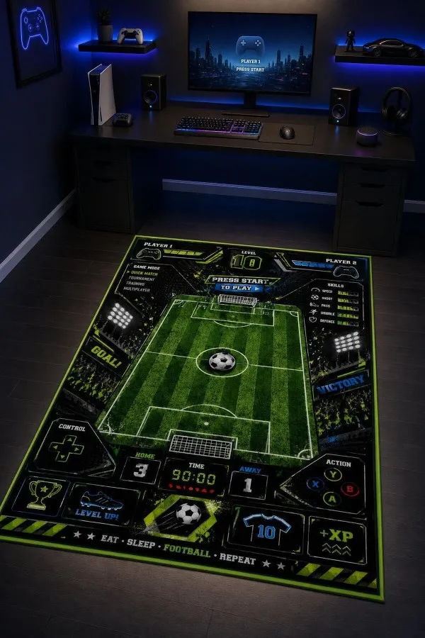 Çok renkli oyun halısı üzerinde futbol sahası, top, kale, skor paneli ve oyun kolu simgeleri yer alır