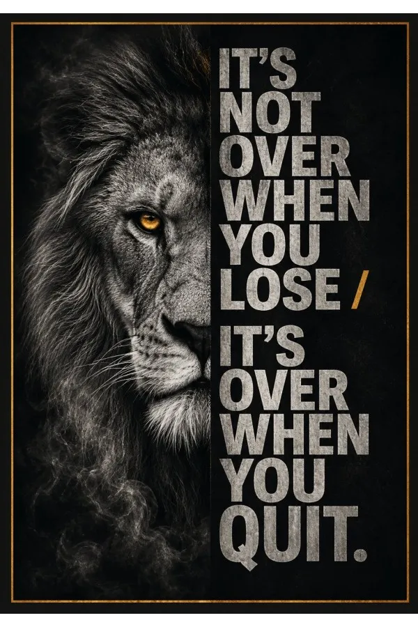 Siyah Aslan Figürlü Motivasyon Yazılı Oyuncu Halısı Tasarımı Siyah oyuncu halısında aslan yüzü, ingilizce motivasyon yazısı ve ince gold çerçeve yer alır