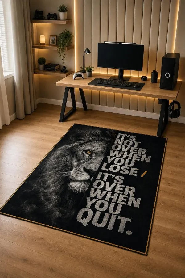 Siyah Aslan Figürlü Motivasyon Yazılı Oyuncu Halısı Tasarımı Siyah oyuncu halısında aslan yüzü, ingilizce motivasyon yazısı ve ince gold çerçeve yer alır