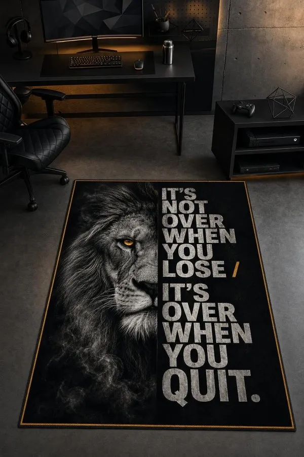 Siyah Aslan Figürlü Motivasyon Yazılı Oyuncu Halısı Tasarımı Siyah oyuncu halısında aslan yüzü, ingilizce motivasyon yazısı ve ince gold çerçeve yer alır