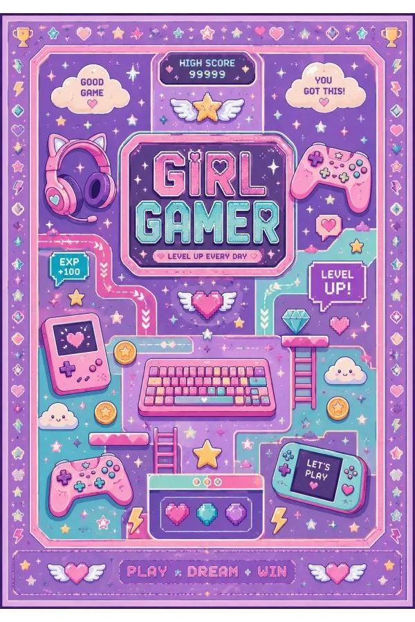 Çok renkli oyuncu halısında girl gamer yazısı, oyun kumandası, kulaklık, klavye ve kalp motifleri görülür