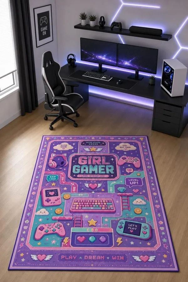 Çok renkli oyuncu halısında girl gamer yazısı, oyun kumandası, kulaklık, klavye ve kalp motifleri görülür