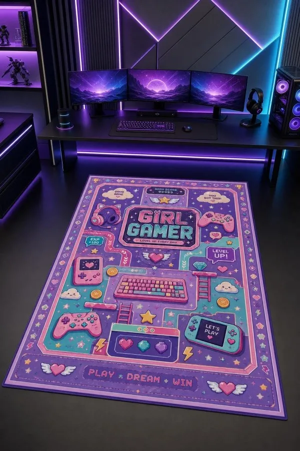 Çok renkli oyuncu halısında girl gamer yazısı, oyun kumandası, kulaklık, klavye ve kalp motifleri görülür