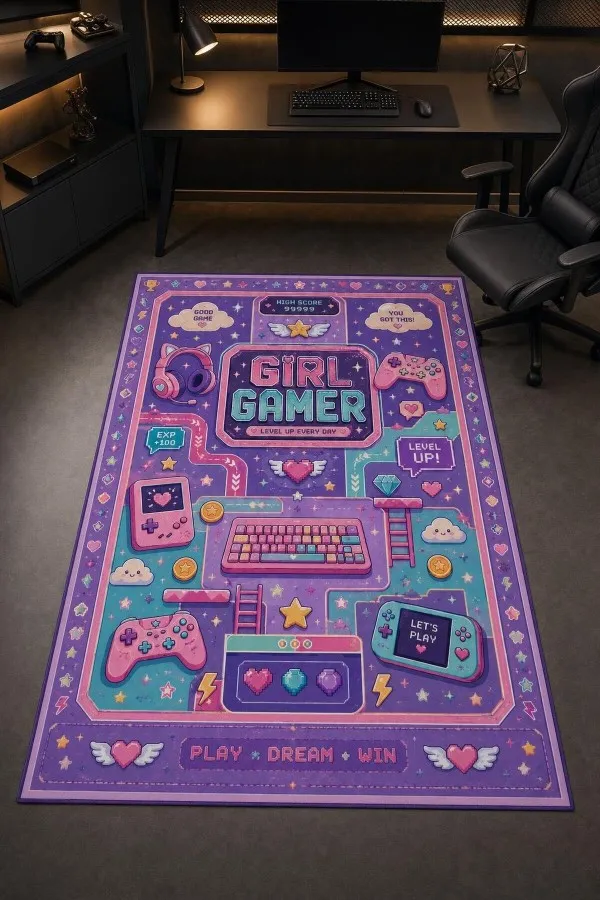 Çok renkli oyuncu halısında girl gamer yazısı, oyun kumandası, kulaklık, klavye ve kalp motifleri görülür