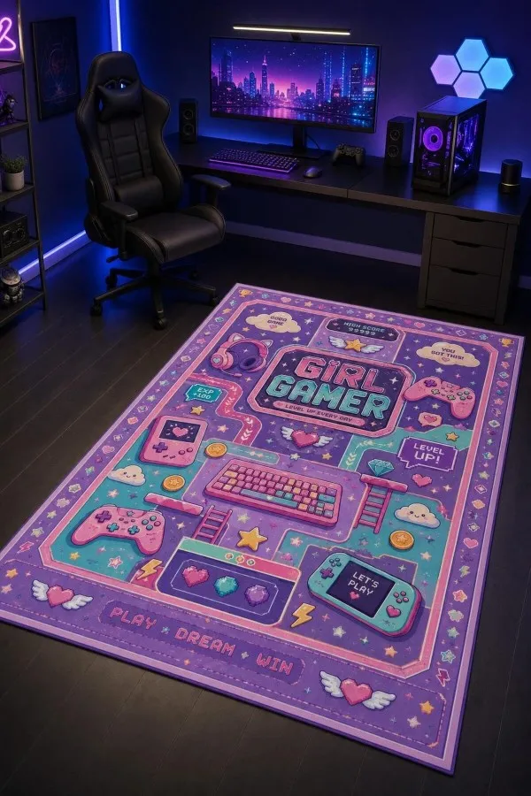 Çok renkli oyuncu halısında girl gamer yazısı, oyun kumandası, kulaklık, klavye ve kalp motifleri görülür