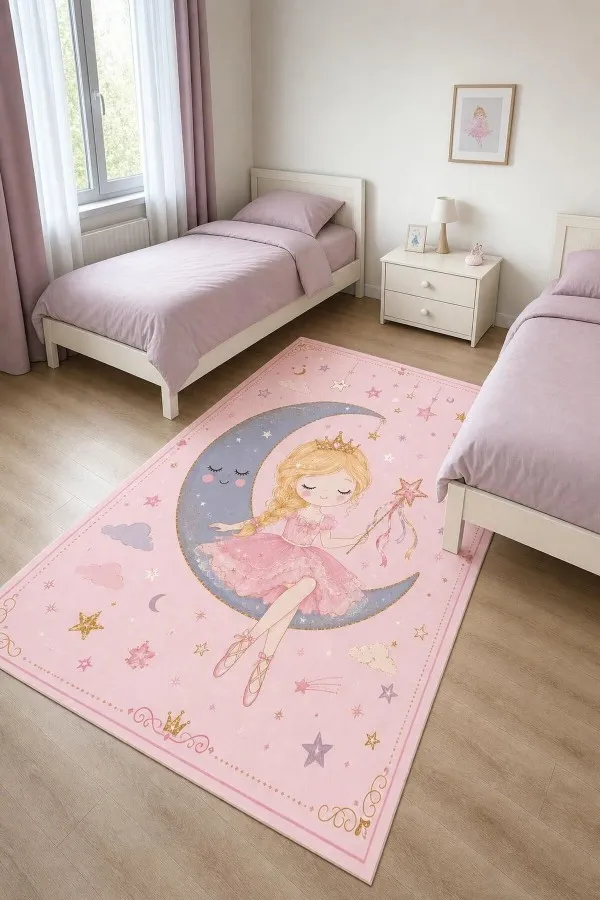 Hilal Üzerinde Prenses Figürlü Pembe Çocuk Odası Halısı Pembe çocuk odası halısında hilal üzerinde taçlı prenses, yıldız, bulut ve küçük ay figürleri