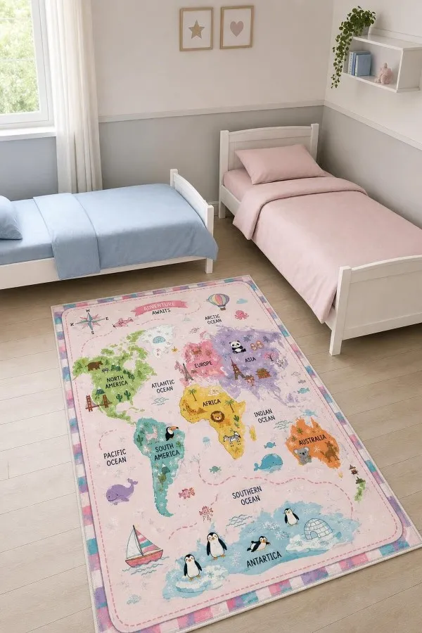Pembe Dünya Haritası Desenli Dijital Baskılı Çocuk Odası Halısı Pembe çocuk odası halısında kıtalar, okyanus adları, hayvan figürleri, pusula ve rota çizgili dünya haritası deseni