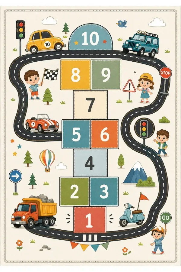 Trafik Temalı Çocuk Odası Halısı Yol Parkuru Ve Araç Deseni Çok renkli çocuk odası halısında numaralı yol parkuru, araçlar, trafik işaretleri ve çocuk figürleri yer alır