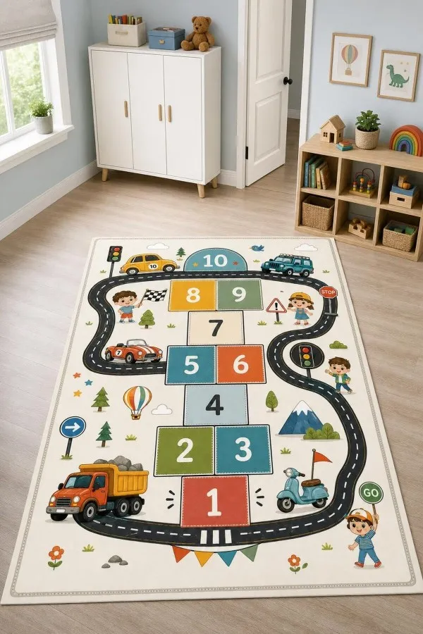 Trafik Temalı Çocuk Odası Halısı Yol Parkuru Ve Araç Deseni Çok renkli çocuk odası halısında numaralı yol parkuru, araçlar, trafik işaretleri ve çocuk figürleri yer alır