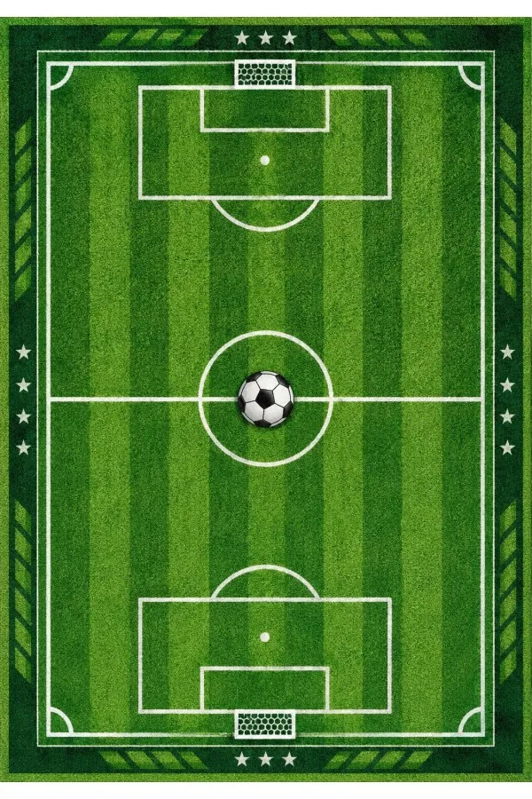 Yeşil Futbol Sahası Desenli Dikdörtgen Çocuk Odası Halısı Yeşil futbol sahası çizgileri, kale ve top motifleri bulunan dikdörtgen çocuk odası halısı
