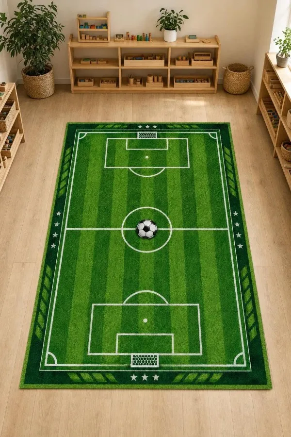 Yeşil Futbol Sahası Desenli Dikdörtgen Çocuk Odası Halısı Yeşil futbol sahası çizgileri, kale ve top motifleri bulunan dikdörtgen çocuk odası halısı