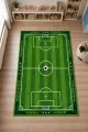 Yeşil Futbol Sahası Desenli Dikdörtgen Çocuk Odası Halısı Yeşil futbol sahası çizgileri, kale ve top motifleri bulunan dikdörtgen çocuk odası halısı