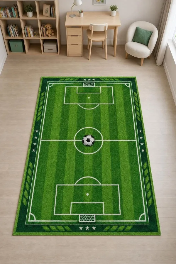 Yeşil Futbol Sahası Desenli Dikdörtgen Çocuk Odası Halısı Yeşil futbol sahası çizgileri, kale ve top motifleri bulunan dikdörtgen çocuk odası halısı