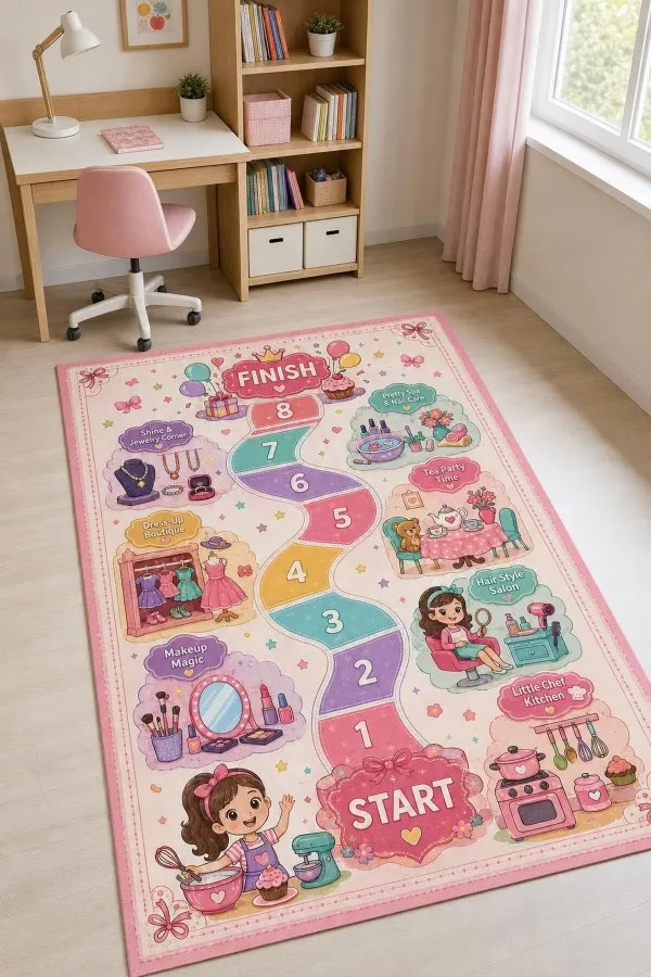 Pembe Oyun Parkuru Desenli Dijital Baskılı Çocuk Odası Halısı Pembe çocuk halısında numaralı oyun yolu, bakım ve mutfak sahneleri ile fiyonklu bordür yer alır