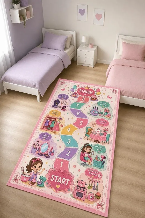 Pembe Oyun Parkuru Desenli Dijital Baskılı Çocuk Odası Halısı Pembe çocuk halısında numaralı oyun yolu, bakım ve mutfak sahneleri ile fiyonklu bordür yer alır