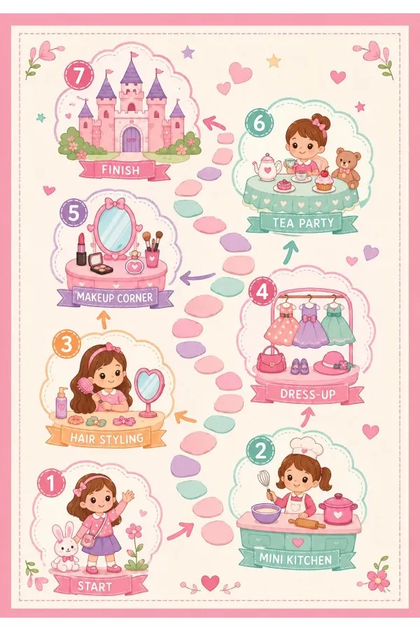 Pembe Masal Temalı Numaralı Oyun Rotası Çocuk Halısı Pembe çerçeveli şato, çocuk karakterleri ve numaralı oyun rotası desenli çocuk odası halısı