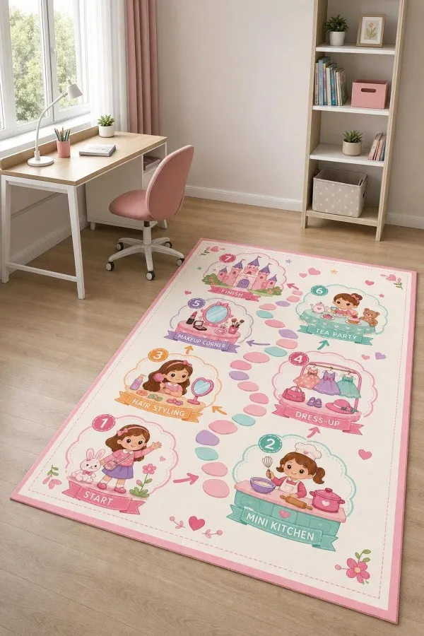 Pembe Masal Temalı Numaralı Oyun Rotası Çocuk Halısı Pembe çerçeveli şato, çocuk karakterleri ve numaralı oyun rotası desenli çocuk odası halısı
