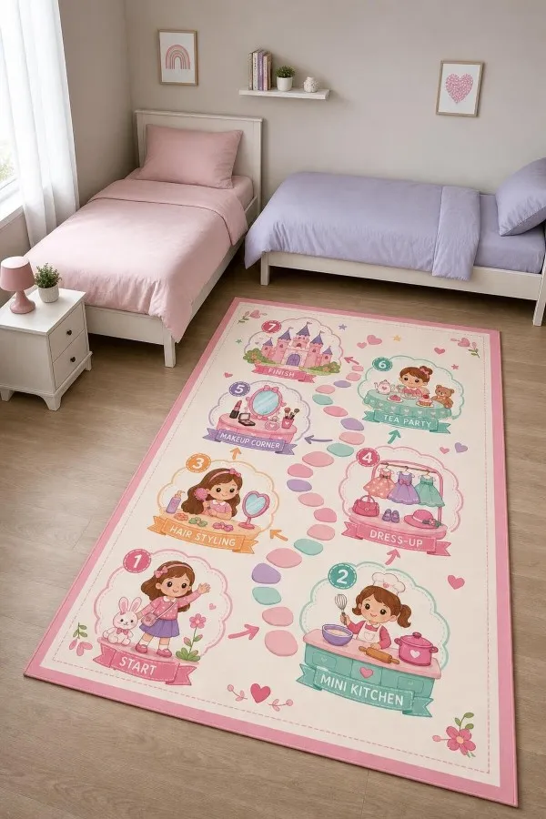 Pembe Masal Temalı Numaralı Oyun Rotası Çocuk Halısı Pembe çerçeveli şato, çocuk karakterleri ve numaralı oyun rotası desenli çocuk odası halısı